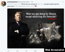 One professional-looking series of photos shows individual world leaders juxtaposed to photographs of carnage in Syria, reading, “What are you doing for Ghouta except observing the Genocide?”