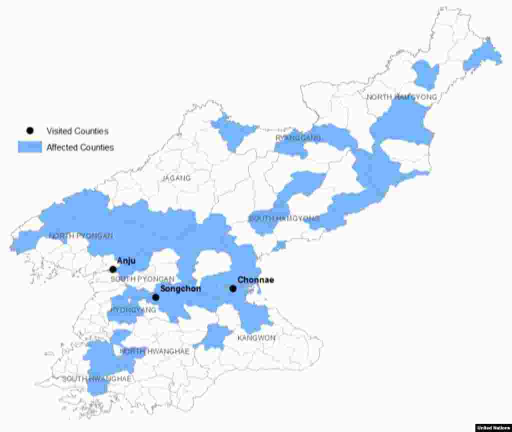 북한 당국이 제공한 정보에 따라 최근 수해로 주택이나 농경지가 파괴된 지역들.
