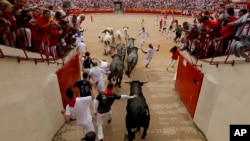 Corredores y toros llegan a la plaza de toros durante el octavo y último encierro de las fiestas de San Fermín en Pamplona, en el norte de España, el domingo 14 de julio de 2019. (AP Foto/Álvaro Barrientos)