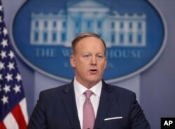 FILE - White House press Secretary Sean Spicer speaks during the daily White House briefing, Jan. 23, 2017.