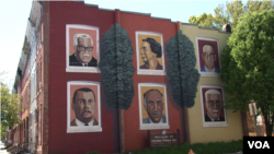 A mural honors Baltimore natives (clockwise, from upper left): Supreme Court Justice Thurgood Marshall; civil rights activist Lillie Jackson; banker Teacle Lansey; newspaper founder John Murphy; rights activist Clarence Mitchell; and Councilmember Harry Cummings.