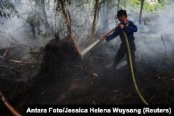 FILE - A Pontianak city firefighter sprays water on a peatland fire on the outskirts of Pontianak, West Kalimantan, Indonesia, Aug. 22, 2016.