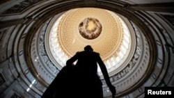 资料照片：美国国会大厦圆形大厅的乔治·华盛顿雕像。