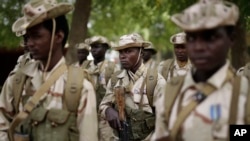 Les troupes tchadiennes participent à la cérémonie de clôture de l'opération Flintlock dans une base militaire à N'Djamena, au Tchad, le 9 mars 2015. 