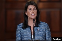 FILE - U.S. Ambassador to the United Nations Nikki Haley delivers remarks to reporters about the U.S.'s withdrawal from the U.N.'s Human Rights Council at the State Department in Washington, June 19, 2018.