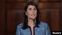 U.S. Ambassador to the United Nations Nikki Haley delivers remarks to the press together with U.S. Secretary of State Mike Pompeo (not pictured), announcing the U.S.'s withdrawal from the U.N's Human Rights Council at the Department of State in Washington, June 19, 2019.