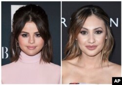 In this combination photo, Selena Gomez, left, attends the Harper's BAZAAR "Icons by Carine Roitfed"' party on Sept. 8, 2017 in New York and Francia Raisa attends the LA premiere of "13 Reasons Why" in Los Angeles on March 30, 2017.