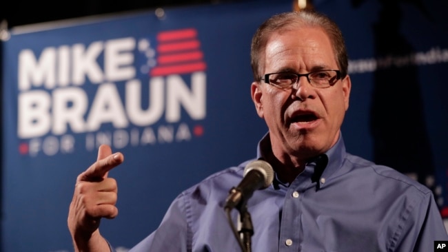 Republican Senate candidate Mike Braun thanks supporters after winning the Republican primary in Whitestown, Ind., May 8, 2018.
