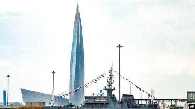 FILE - The Lakhta Center, the 87-story skyscraper, headquarters of Russian gas monopoly Gazprom, in St. Petersburg, Russia, June 25, 2021.