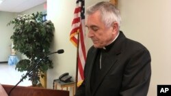 The Most Rev. Ronald Gainer, the Roman Catholic bishop of the diocese of Harrisburg, Pa., discusses child sexual abuse by clergy and a decision by the diocese to remove names of bishops going back to the 1940s after concluding they did not respond adequately to abuse allegations, Aug. 1, 2018, in Harrisburg, Pa. 