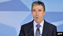 NATO chief Anders Fogh Rasmussen speaks to the press on June 26, 2012 at the NATO Headquarters in Brussels.