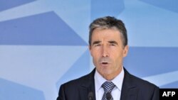 NATO chief Anders Fogh Rasmussen speaks to the press on June 26, 2012 at the NATO Headquarters in Brussels.