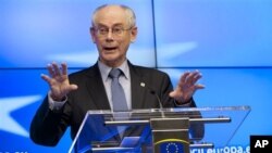 Presiden Dewan Uni Eropa Herman Van Rompuy dalam suatu jumpa pers di Brussels, Jum'at (14/12). 