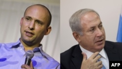 (L) Naftali Bennett, leader of the HaBayit HaYehudi, December 23, 2012, (R) Israeli Likud party leader Benjamin Netanyahu is seen during a faction meeting in the Knesset, October 27, 2008