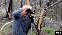 John Marshall photographs the Cascade Creek burn on the slopes of Mount Adams (Tom Banse/VOA).