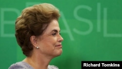 FILE - Brazil's President Dilma Rousseff is pictured at a meeting with jurists at Planalto Palace in Brasilia, March 22, 2016. On Wednesday, she assailed opponents who have accused her of using borrowed funds to mask the severity of the country's recession.