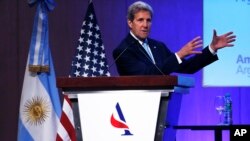 U.S. Secretary of State John Kerry speaks to the American Chamber of Commerce, in Buenos Aires, Argentina, Thursday, Aug. 4, 2016. 