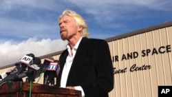 Billionaire Virgin Galactic founder Richard Branson salutes the bravery of test pilots, and vows to find out what caused the crash of his prototype space tourism rocket that killed one crew member and injured another during a news conference in Mojave, Ca