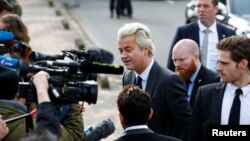 Dutch far right Party for Freedom (PVV) leader Geert Wilders speaks to the press during his campaign for the 2017 Dutch election in Amsterdam, The Netherlands, March 5, 2017. 