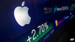 An electronic screen displays Apple stock at the Nasdaq MarketSite, Thursday, Aug. 2, 2018, in New York. Apple has become the world's first publicly traded company to be valued at $1 trillion. (AP Photo/Mark Lennihan)