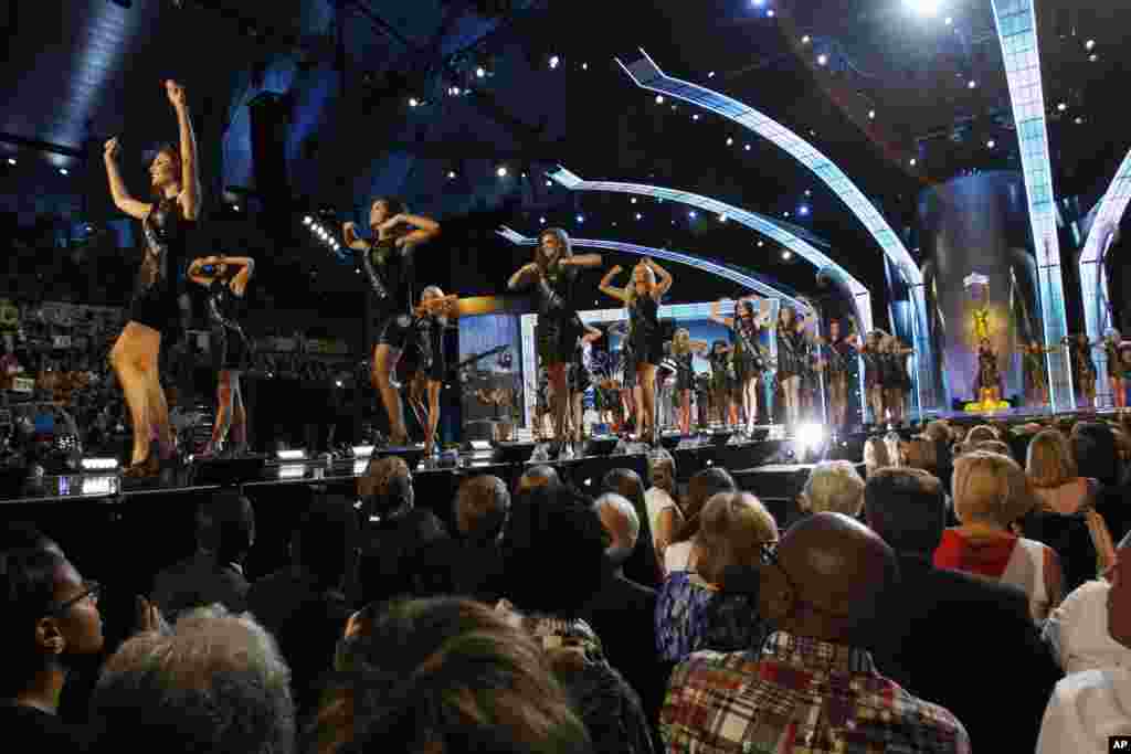 Contestants walk on the runway during the Miss America 2014 pageant in Atlantic City, N.J., Sept. 15, 2013. 