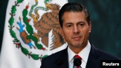 FILE - Mexico's President Enrique Pena Nieto gives a speech at the National Palace in Mexico City, Nov. 21 2017. 