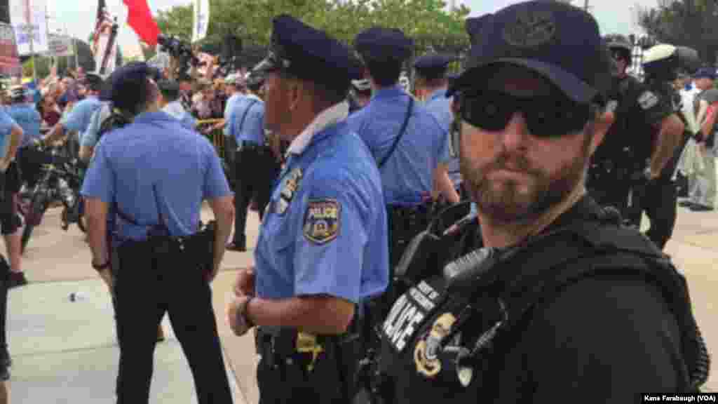 Police block Bernie Sanders supporters outside the site of the DNC convention in Philadelphia.