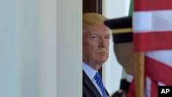 Presiden Donald Trump menanti kedatangan Putera Mahkota Abu Dhabi Sheikh Mohammed bin Zayed Al Nahyan di Gedung Putih di Washington, 15 Mei 2017.