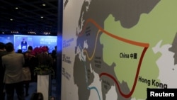 FILE - A map illustrating China's silk road economic belt and the 21st century maritime silk road, or the so-called "One Belt, One Road" megaproject, is displayed at the Asian Financial Forum in Hong Kong, China Jan. 18, 2016.