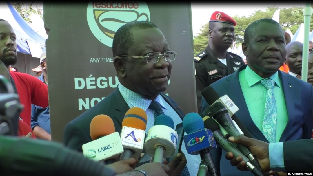 FILE - Luc Magloire Mbarga Atangana, Cameroon's trade minister during a visit in Yaounde, Apr. 17, 2019.