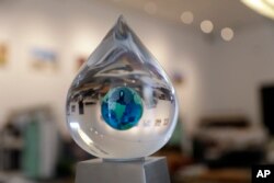 The XPrize trophy is seen at The Skysource/Skywater Alliance offices in Los Angeles, Oct. 24, 2018.