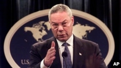 FILE -Then-Secretary of State Colin Powell speaks during a news conference at the State Department in Washington, Sept. 17, 2001. 