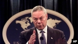 FILE -Then-Secretary of State Colin Powell speaks during a news conference at the State Department in Washington, Sept. 17, 2001. 