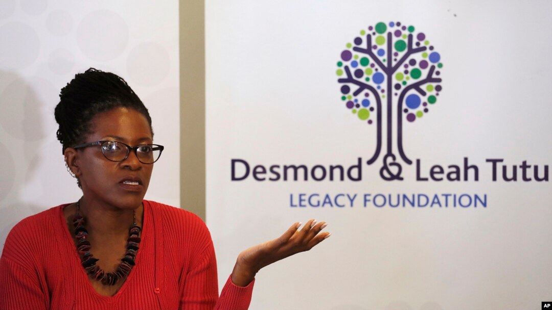 Reverend Mpho Tutu, the daughter of retired South African Archbishop Desmond Tutu, speaks to media during a press briefing in Cape Town, South Africa, Aug. 18, 2015. 