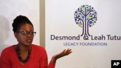 Reverend Mpho Tutu, the daughter of retired South African Archbishop Desmond Tutu, speaks to media during a press briefing in Cape Town, South Africa, Aug. 18, 2015. 