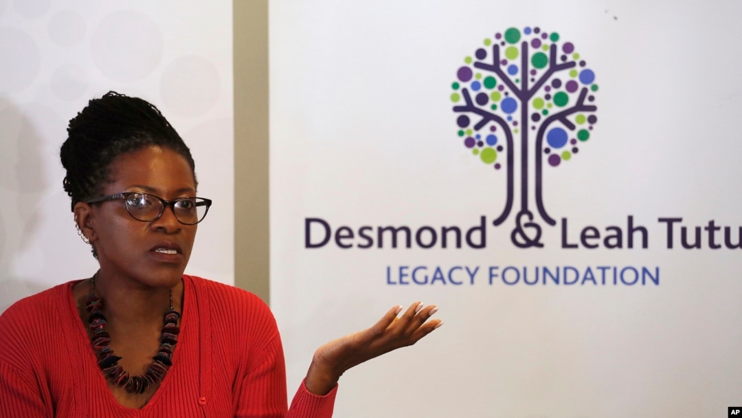 FILE - Reverend Mpho Tutu, the daughter of retired South African Archbishop Desmond Tutu, speaks to media during a press briefing in Cape Town, South Africa, Aug. 18, 2015. 
