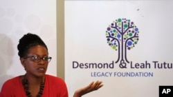 Reverend Mpho Tutu, the daughter of retired South African Archbishop Desmond Tutu, speaks to media during a press briefing in Cape Town, South Africa, Aug. 18, 2015. 