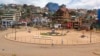 People walk past an independence square in Bukavu, eastern Congo, Feb. 15, 2025. 