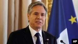 US Secretary of State Antony Blinken talks during a joint news conference with French Foreign Minister Jean-Yves Le Drian, after a meeting at the Quai d'Orsay in Paris, June 25, 2021.