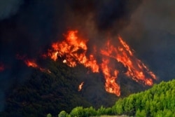 Flames burn a mountain in Platanos village, near ancient Olympia, western Greece, Aug. 4, 2021.