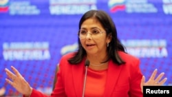 La vicepresidenta de Venezuela, Delcy Rodríguez, habla durante una conferencia de prensa en Caracas, Venezuela, el 11 de enero de 2021.