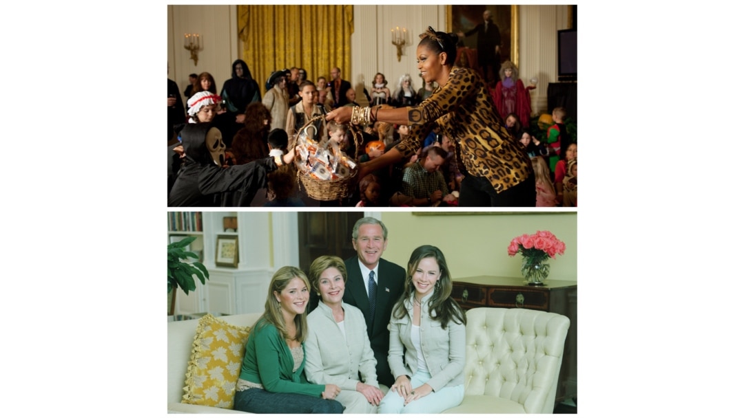 (Top) First Lady Michelle Obama during a Halloween reception at the White House, Oct. 31, 2009 (White House Photo by Pete Souza/WHHA) (Bottom) From left: Jenna Bush, First Lady Laura Bush, President George W. Bush, and Barbara Bush, July 2004.