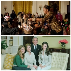(Top) First Lady Michelle Obama during a Halloween reception at the White House, Oct. 31, 2009 (White House Photo by Pete Souza/WHHA) (Bottom) From left: Jenna Bush, First Lady Laura Bush, President George W. Bush, and Barbara Bush, July 2004.