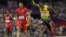 Jamaica's Usain Bolt crosses the finish line ahead of United States' Ryan Bailey to win the men's 4x100-meter relay final during the athletics in the Olympic Park during the 2012 Summer Olympics, Saturday, Aug. 11, 2012, in London.