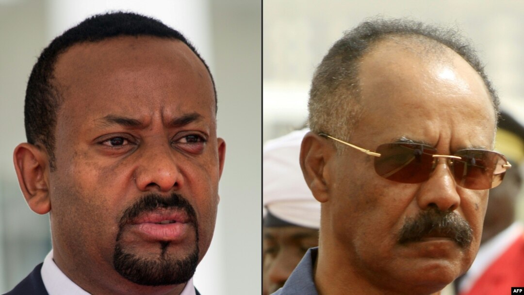 FILE - This combination of file pictures showing Ethiopia's Prime Minister Abiy Ahmed (R) on June 8, 2018 and Eritrean President Isaias Afwerki (L) on June 11, 2015. 