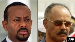 FILE - This combination of file pictures showing Ethiopia's Prime Minister Abiy Ahmed (R) on June 8, 2018 and Eritrean President Isaias Afwerki (L) on June 11, 2015. 