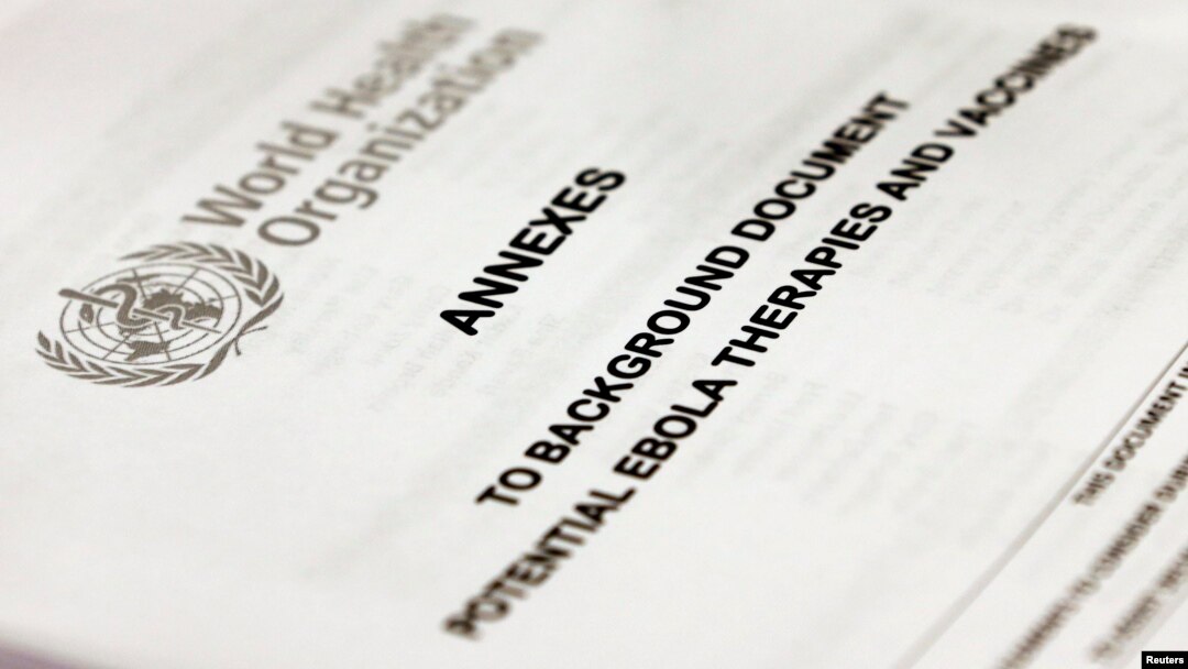 A document is pictured at the opening of a consultation of international experts on potential Ebola therapies and vaccines in Geneva Sept. 4, 2014. 
