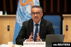 FILE - Tedros Adhanom Ghebreyesus, director general of the World Health Organization, speaks during a session of the Executive Board on the coronavirus disease outbreak, in Geneva, Jan. 21, 2021.