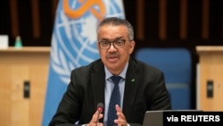 FILE - Tedros Adhanom Ghebreyesus, Director General of the World Health Organization speaks during a session of the Executive Board on the coronavirus disease (COVID-19) outbreak in Geneva, Jan. 21, 2021.