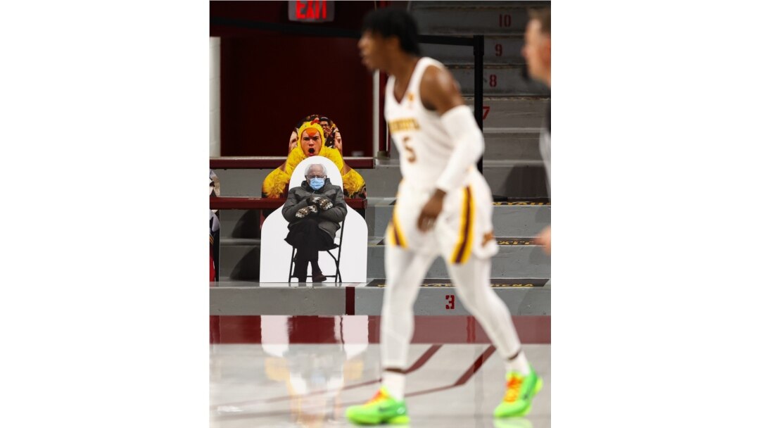 FILE - A Bernie Sanders cutout sits in the stands during a basketball game at Williams Arena, Minneapolis, Minnesota, Jan 23, 2021. (Harrison Barden-USA Today Sports)